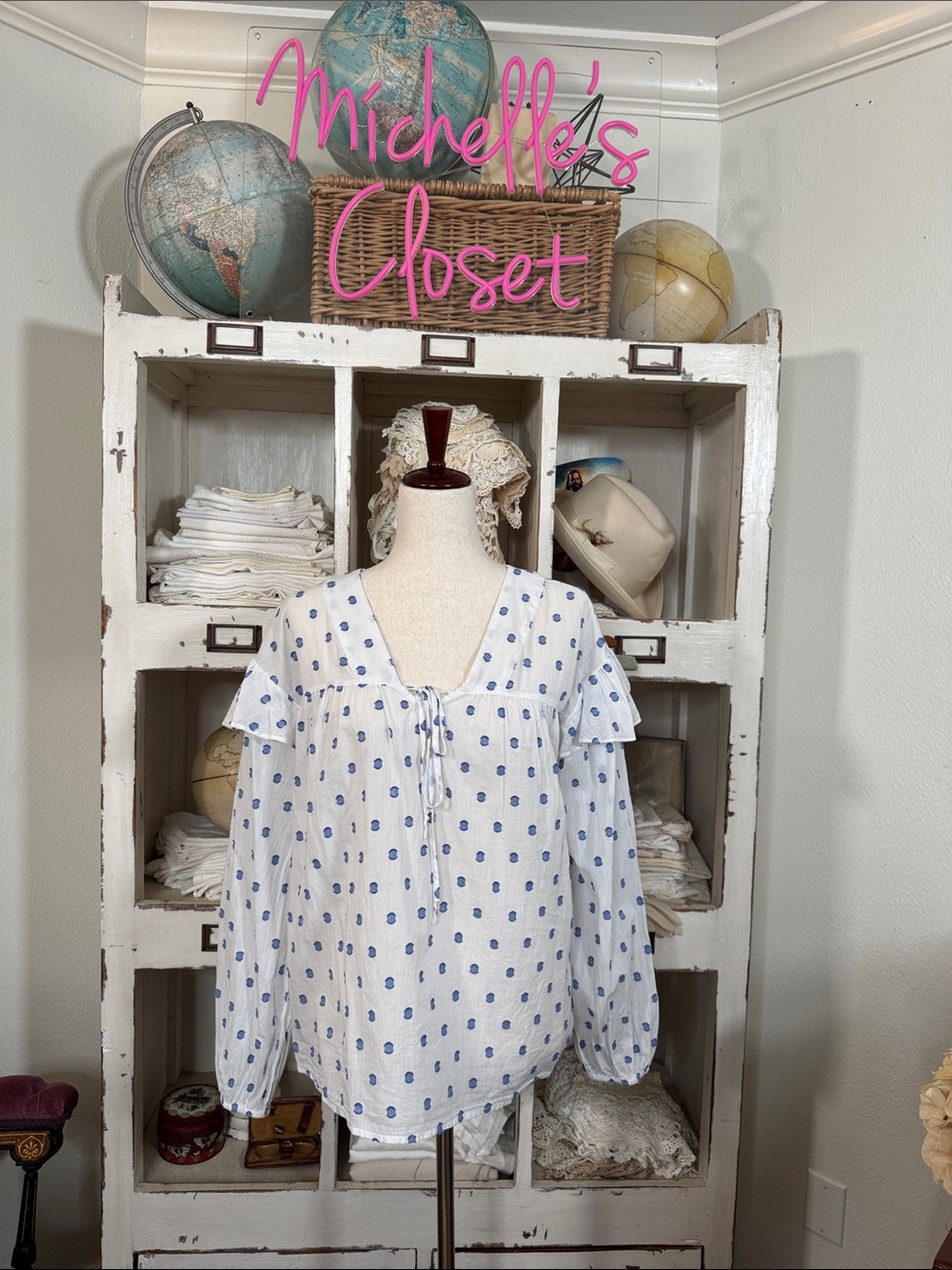 Current Air White Blouse with Blue Dot Print